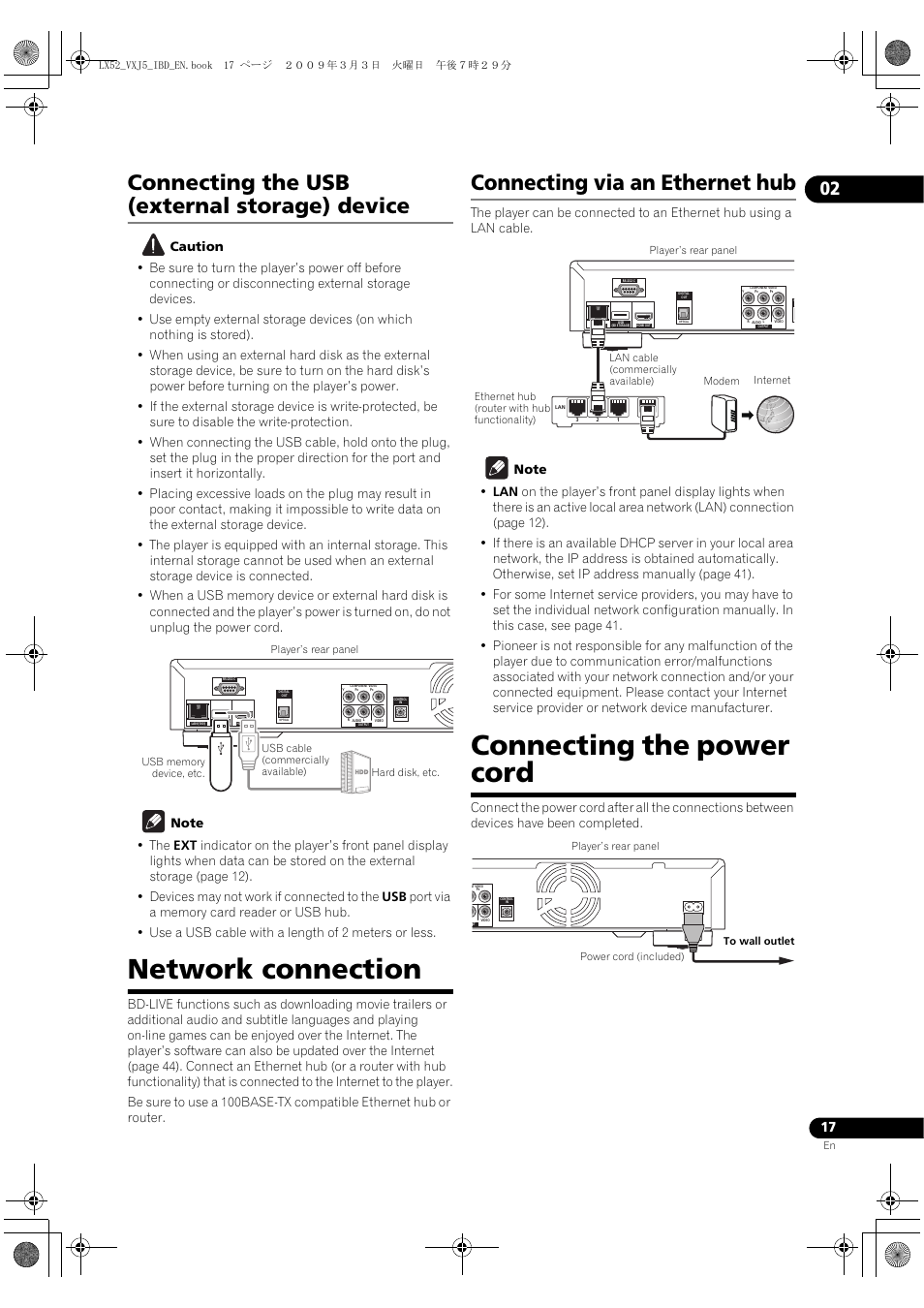 Connecting the usb (external storage) device, Network connection, Connecting via an ethernet hub | Connecting the power cord, Connecting the usb (exte, Rnal storage) device, Netwo, Rk connection, Connecting via an ethe, Rnet hub | Pioneer BDP-LX52 User Manual | Page 17 / 64