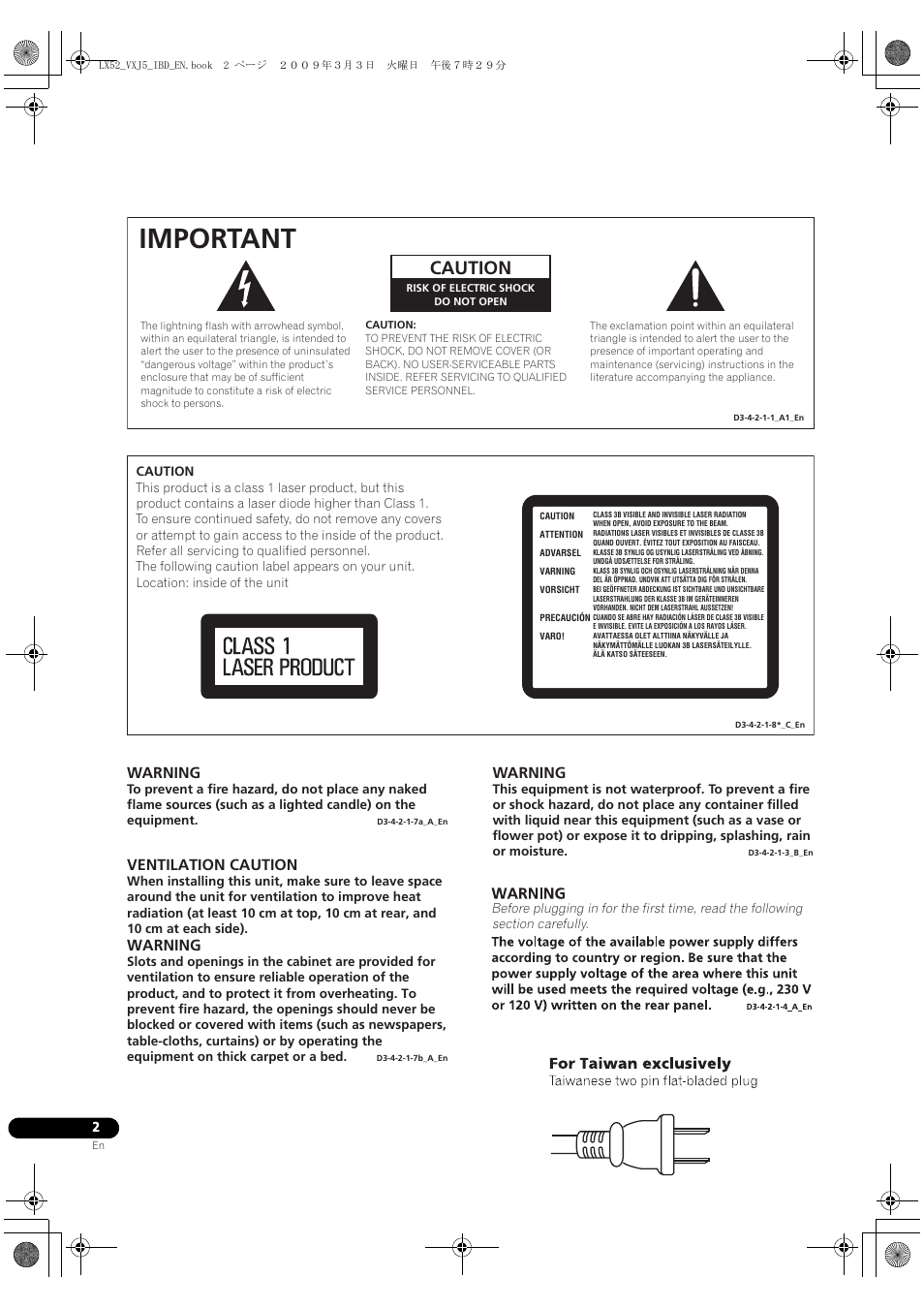 Important, Caution, Ventilation caution | Warning | Pioneer BDP-LX52 User Manual | Page 2 / 64