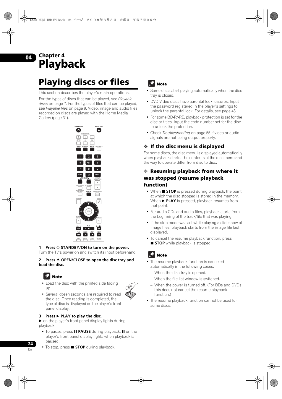 Playback, Playing discs or files, Playing discs o | R files, Chapter 4, If the disc menu is displayed | Pioneer BDP-LX52 User Manual | Page 24 / 64