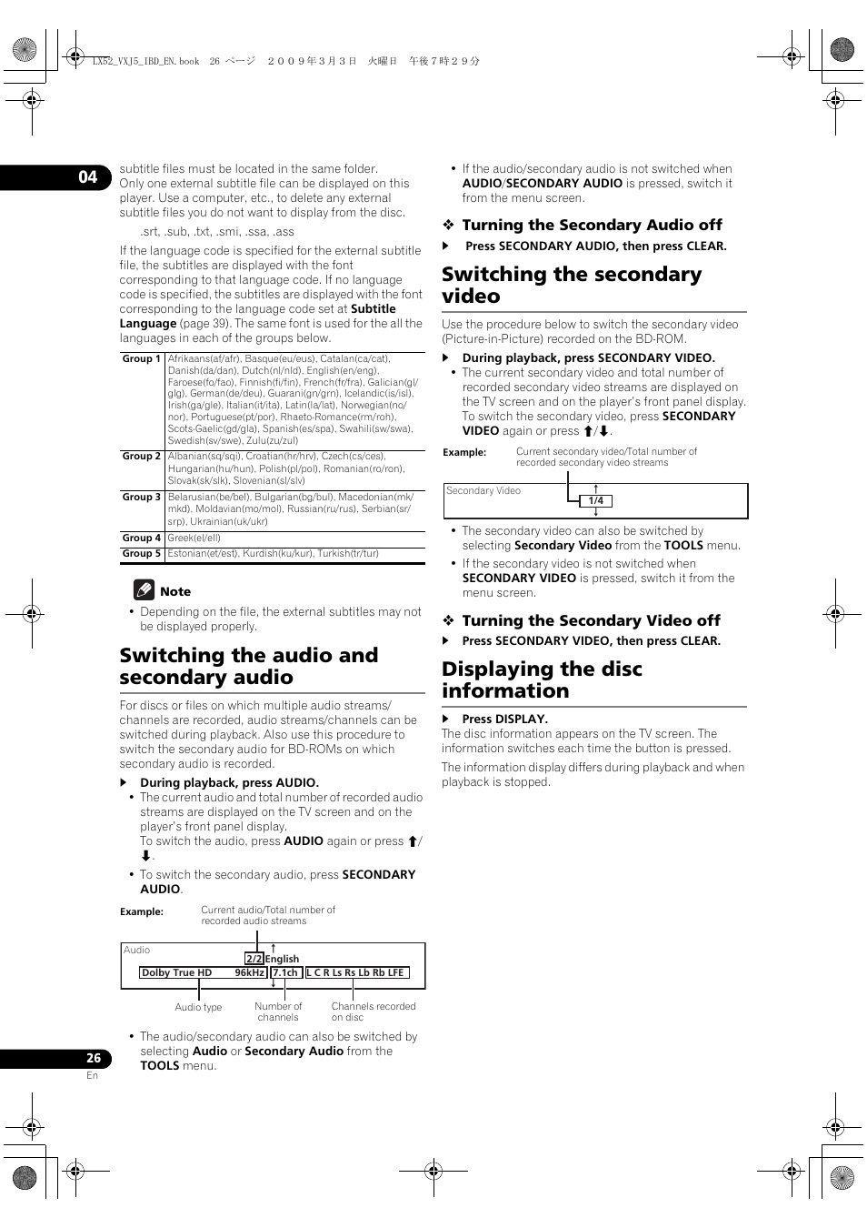 Switching the audio and secondary audio, Switching the secondary video, Displaying the disc information | Switching the audio and seconda, Ry audio, Switching the seconda, Ry video, Playing the disc information | Pioneer BDP-LX52 User Manual | Page 26 / 64