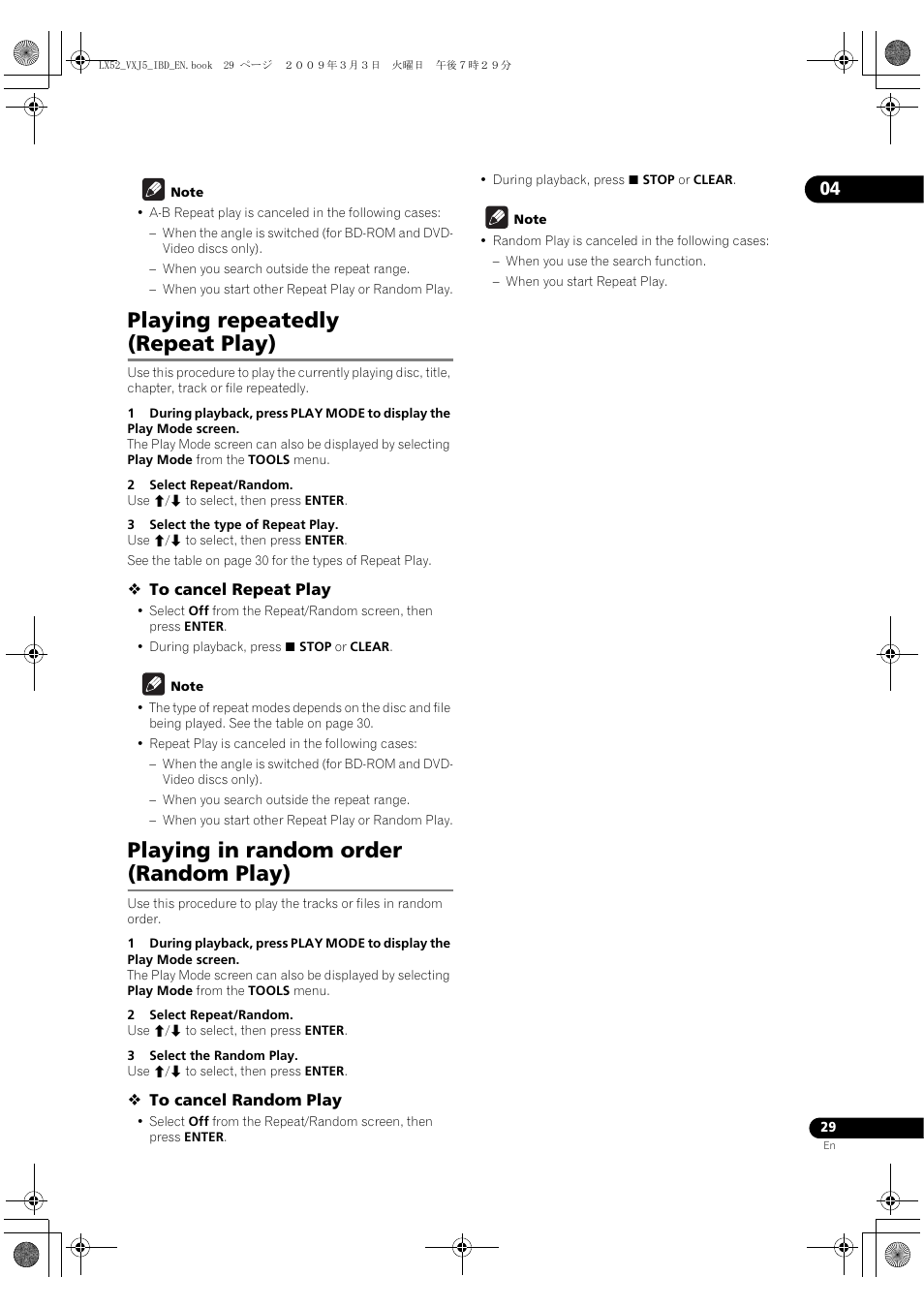 Playing repeatedly (repeat play), Playing in random order (random play), Playing | Repeatedly (repeat play), Playing in, Random order (random play) | Pioneer BDP-LX52 User Manual | Page 29 / 64