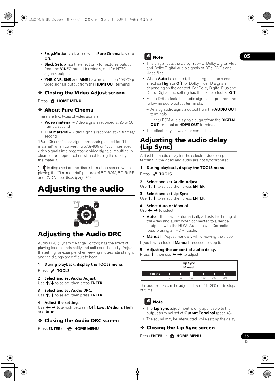 Adjusting the audio, Adjusting the audio drc, Adjusting the audio delay (lip sync) | P sync) | Pioneer BDP-LX52 User Manual | Page 35 / 64