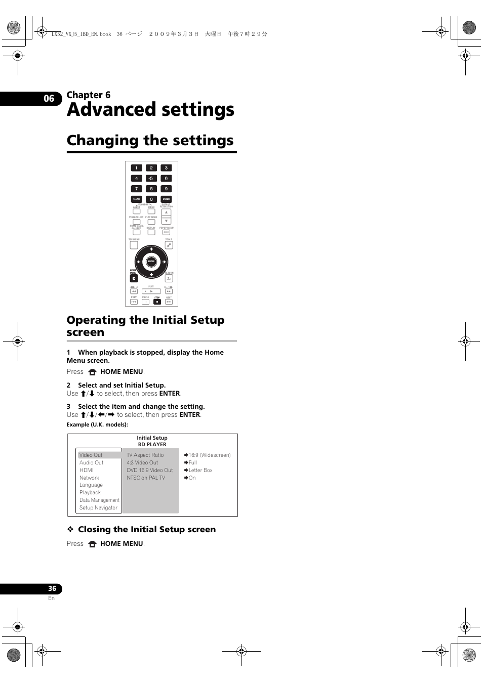 Advanced settings, Changing the settings, Operating the initial setup screen | Perating the initial setup screen, Chapter 6, Closing the initial setup screen | Pioneer BDP-LX52 User Manual | Page 36 / 64