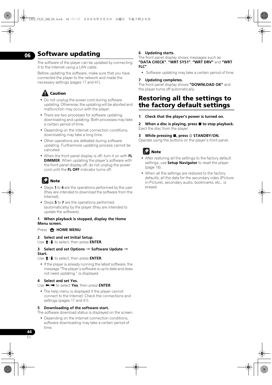 Software updating, Softwa, Re updating | Resto, Ring all the settings to the factory default, Settings | Pioneer BDP-LX52 User Manual | Page 44 / 64