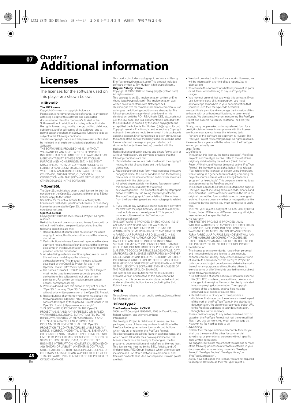 Additional information, Licenses, Libxml2 | Openssl, Zlib, Freetype2, Chapter 7 | Pioneer BDP-LX52 User Manual | Page 48 / 64