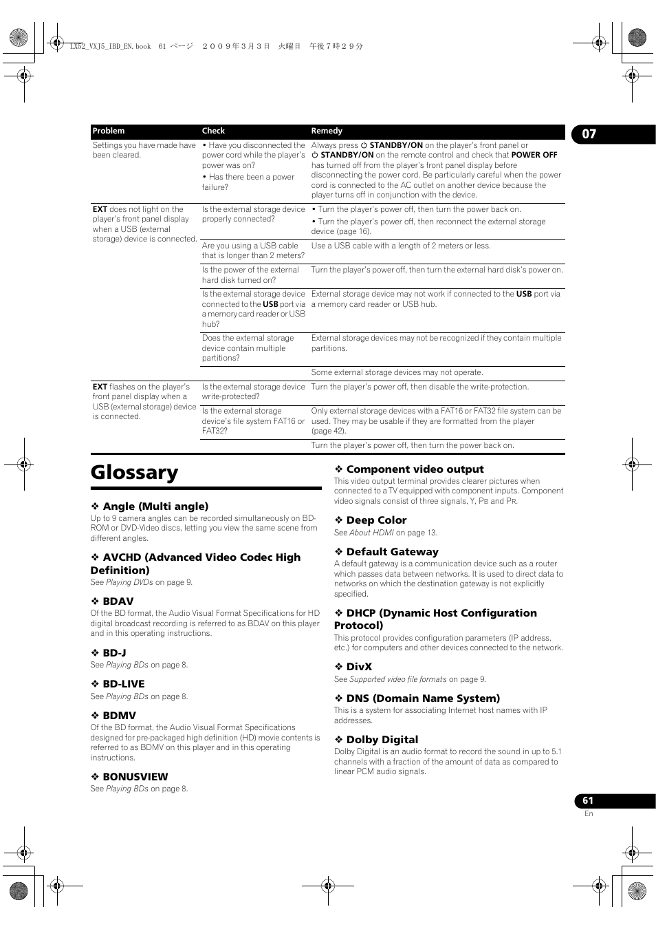 Glossary, Angle (multi angle), Avchd (advanced video codec high definition) | Bdav, Bd-j, Bd-live, Bdmv, Bonusview, Component video output, Deep color | Pioneer BDP-LX52 User Manual | Page 61 / 64