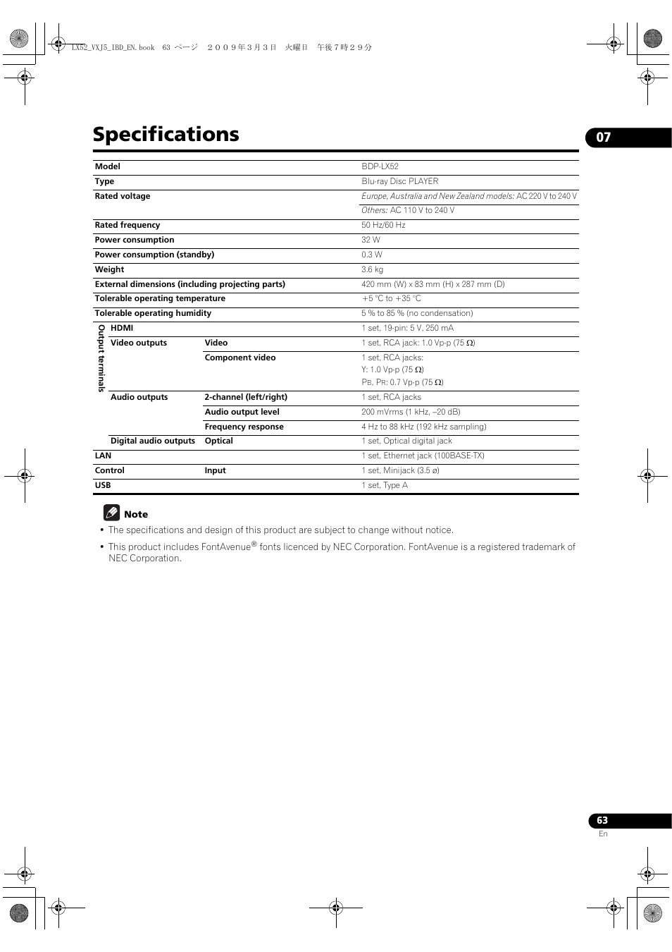 Specifications, Pecifications | Pioneer BDP-LX52 User Manual | Page 63 / 64