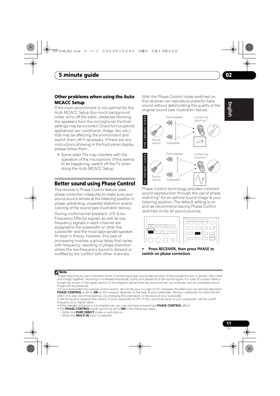 Other problems when using the auto mcacc setup, Better sound using phase control, 5 minute guide 02 | Pioneer VSX-819H-S User Manual | Page 11 / 211