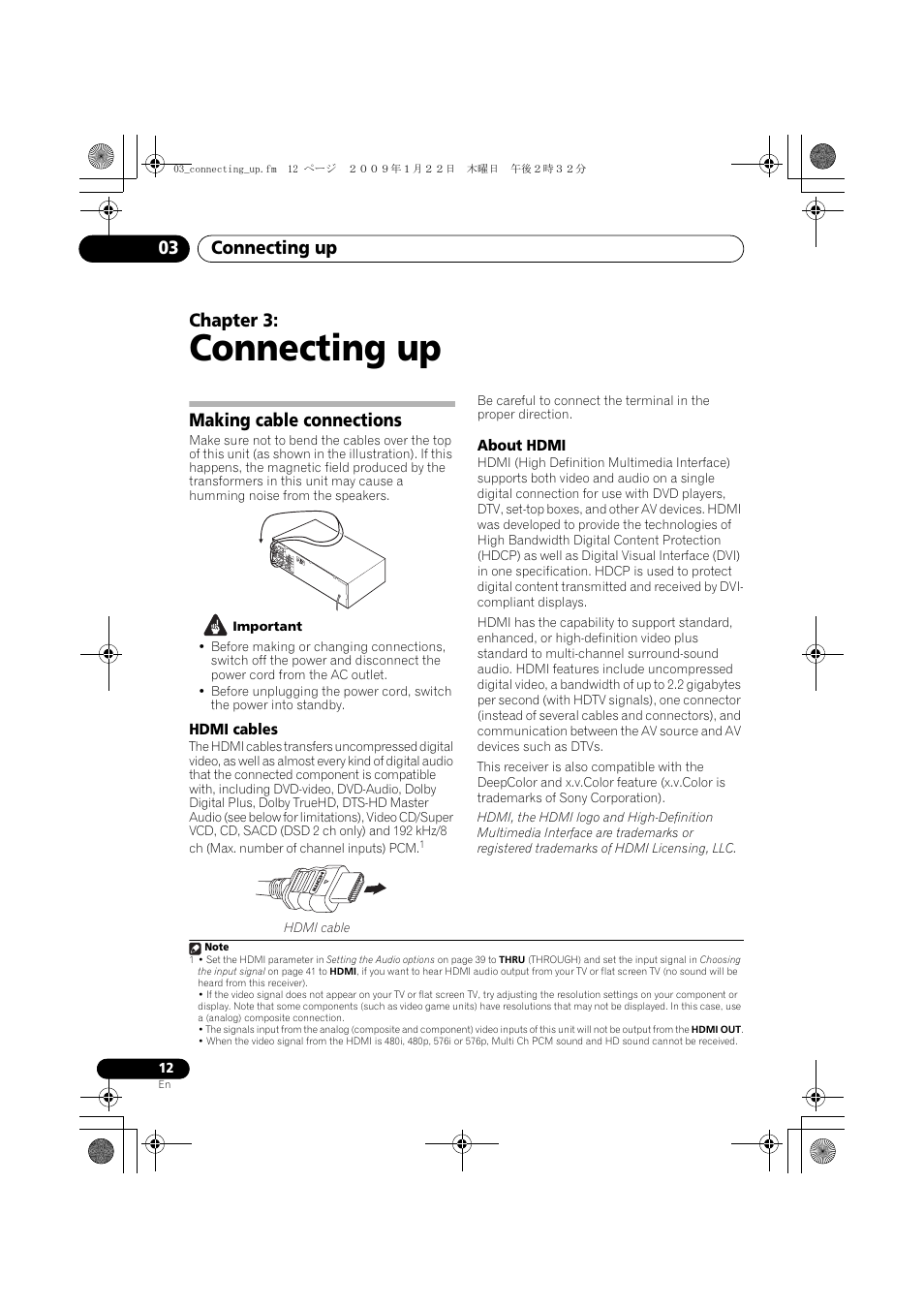 Connecting up, Making cable connections, Hdmi cables | About hdmi, Connecting up 03, Chapter 3 | Pioneer VSX-819H-S User Manual | Page 12 / 211