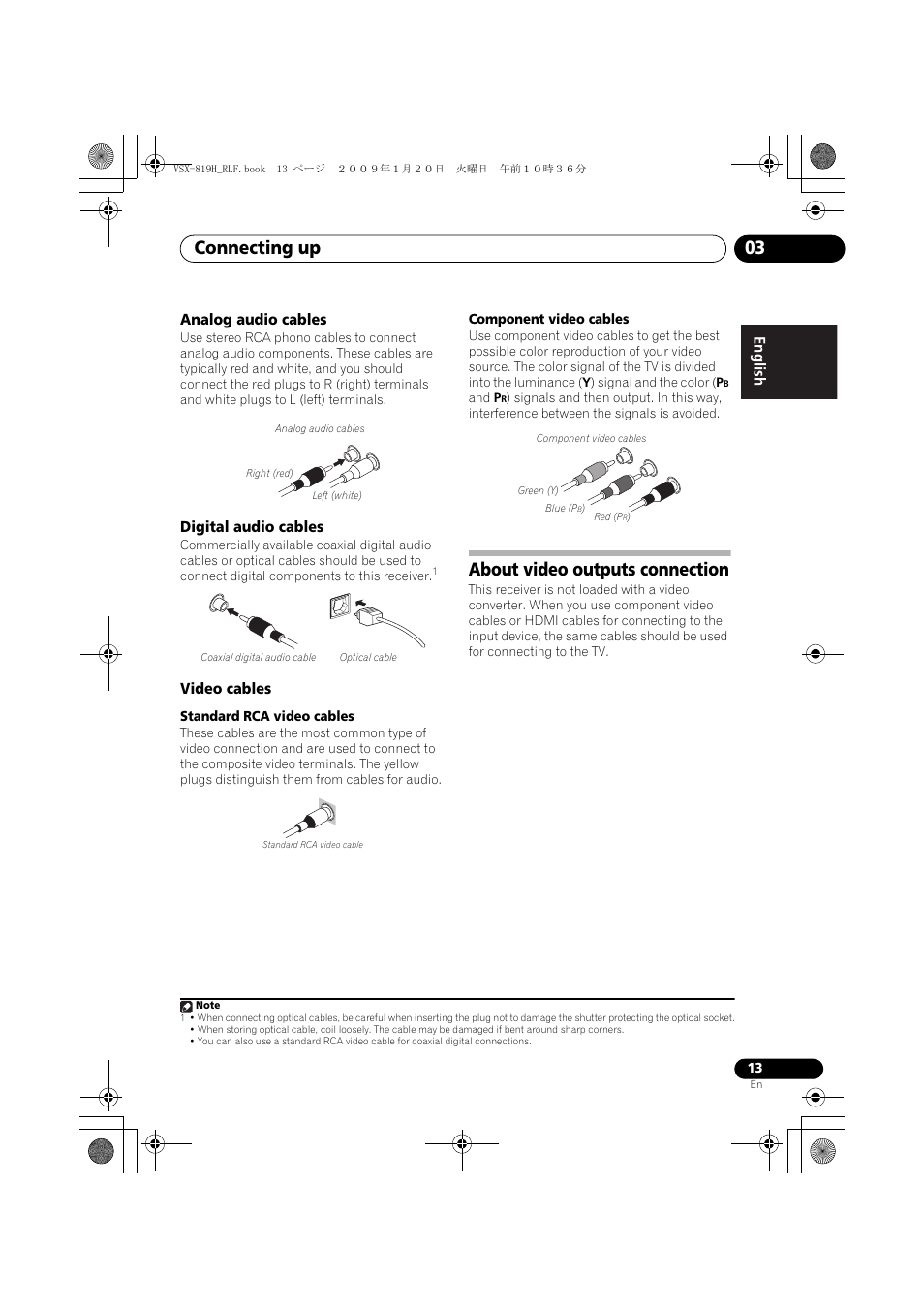 Analog audio cables, Digital audio cables, Video cables | About video outputs connection, Connecting up 03 | Pioneer VSX-819H-S User Manual | Page 13 / 211