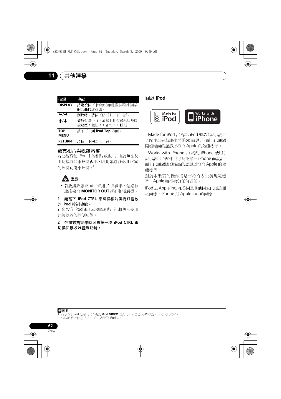 觀賞相片與視訊內容 關於, Ipod, 其他連接 11 | Pioneer VSX-819H-S User Manual | Page 132 / 211