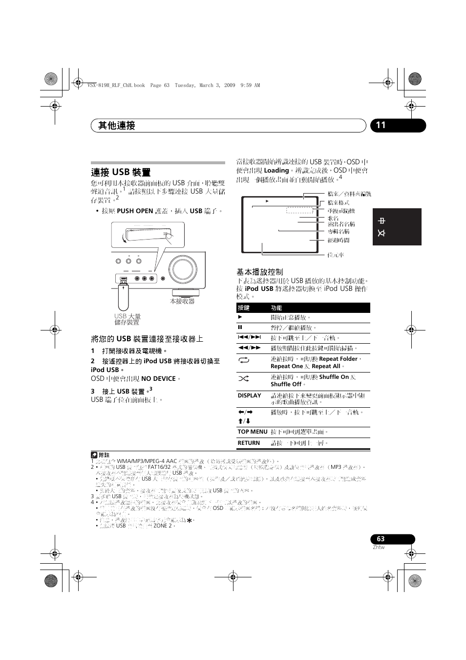 裝置連接至接收器上, 基本播放控制, 其他連接 11 | 連接 usb 裝置, 將您的 usb 裝置連接至接收器上 | Pioneer VSX-819H-S User Manual | Page 133 / 211