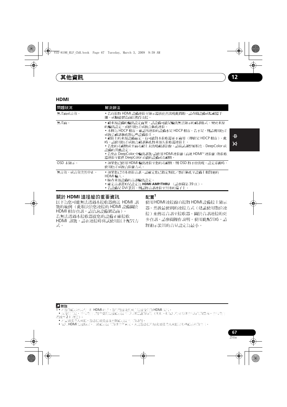 Hdmi, 連接線的重要資訊, 其他資訊 12 | Pioneer VSX-819H-S User Manual | Page 137 / 211