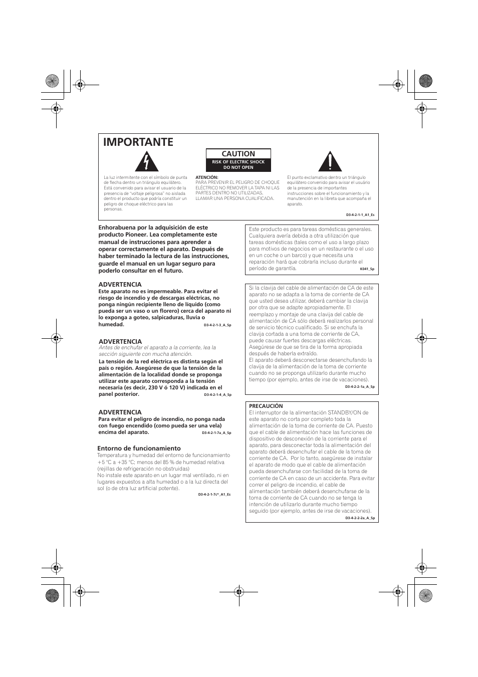 Importante, Caution | Pioneer VSX-819H-S User Manual | Page 142 / 211