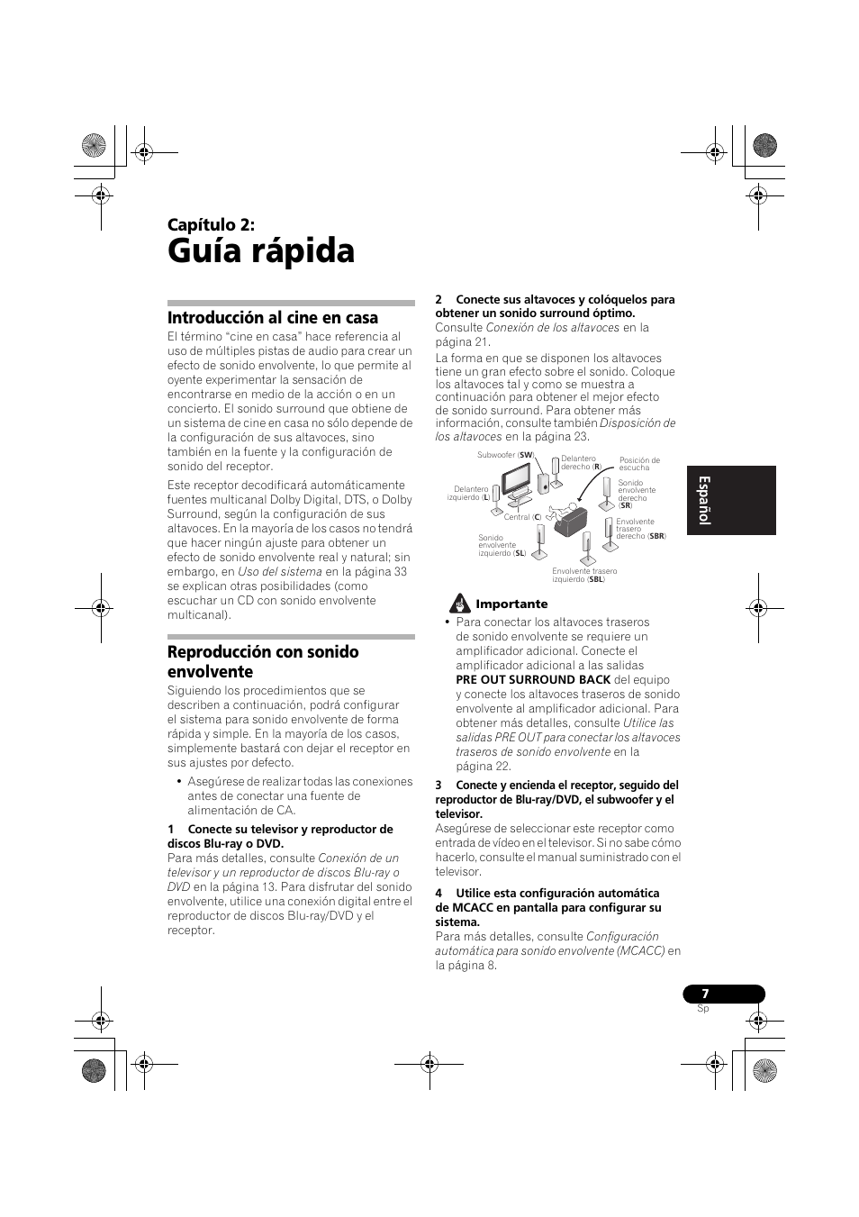 Guía rápida, Capítulo 2, Introducción al cine en casa | Reproducción con sonido envolvente, English español | Pioneer VSX-819H-S User Manual | Page 147 / 211