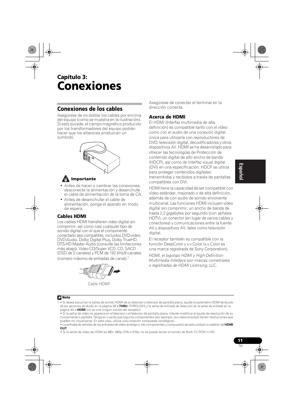 Conexiones de los cables, Cables hdmi acerca de hdmi, Conexiones | Capítulo 3 | Pioneer VSX-819H-S User Manual | Page 151 / 211