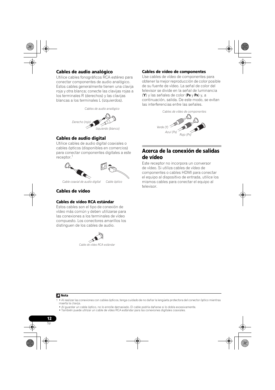 Acerca de la conexión de salidas de vídeo, Cables de audio analógico, Cables de audio digital | Cables de vídeo | Pioneer VSX-819H-S User Manual | Page 152 / 211