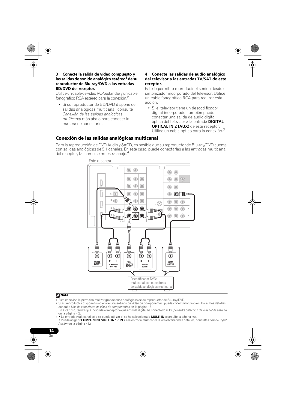 Conexión de las salidas analógicas multicanal, Este receptor, Nota | Pioneer VSX-819H-S User Manual | Page 154 / 211