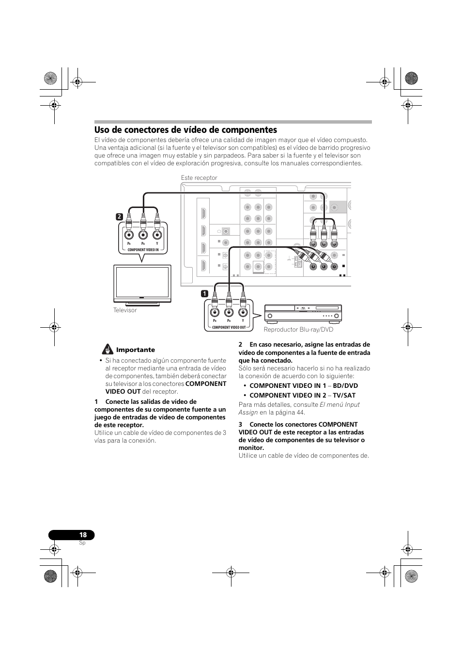 Uso de conectores de vídeo de componentes, 12 este receptor reproductor blu-ray/dvd televisor | Pioneer VSX-819H-S User Manual | Page 158 / 211