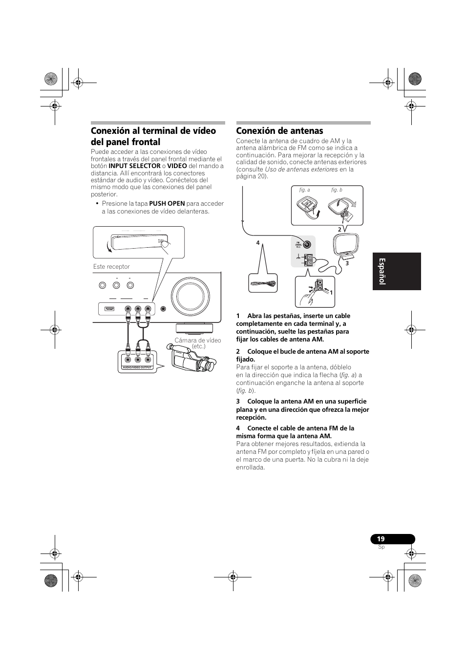 Panel frontal conexión de antenas, Conexión al terminal de vídeo del panel frontal, Conexión de antenas | English español, Este receptor cámara de vídeo (etc.) | Pioneer VSX-819H-S User Manual | Page 159 / 211