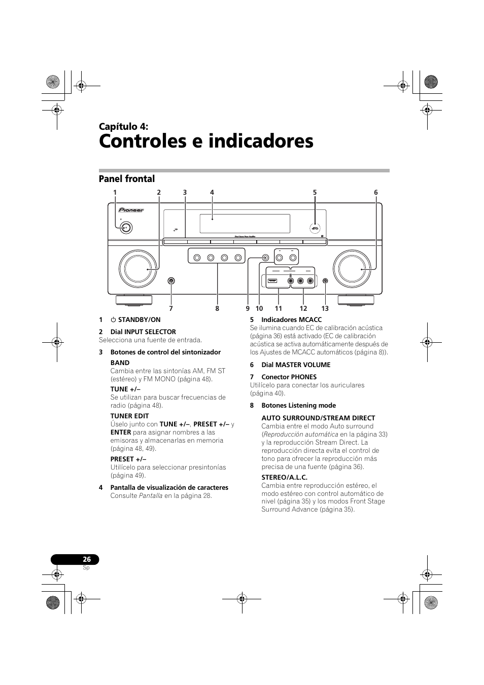 Panel frontal, Controles e indicadores, Capítulo 4 | Pioneer VSX-819H-S User Manual | Page 166 / 211