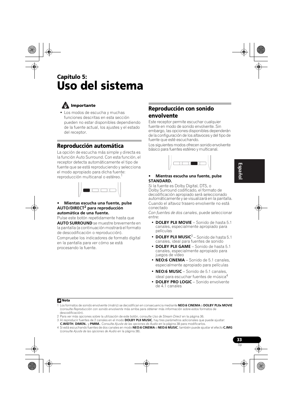 Uso del sistema, Capítulo 5, Reproducción automática | Reproducción con sonido envolvente, English español | Pioneer VSX-819H-S User Manual | Page 173 / 211