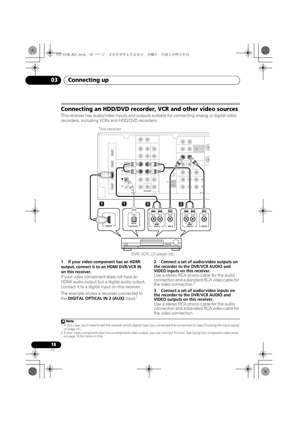 Connecting up 03, 13 2 1 dvr, vcr, ld player, etc. this receiver | Pioneer VSX-819H-S User Manual | Page 18 / 211