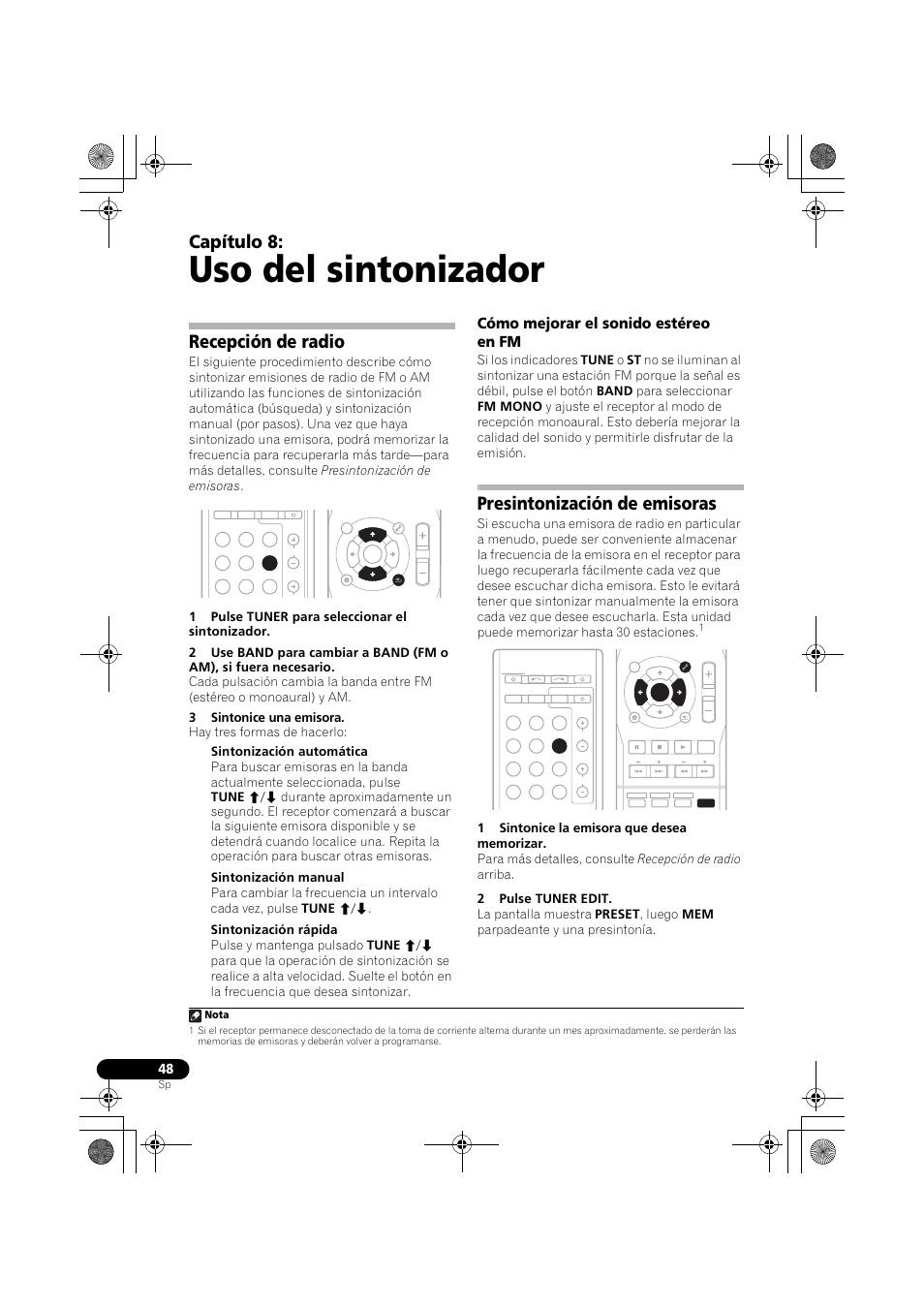 Recepción de radio, Cómo mejorar el sonido estéreo en fm, Presintonización de emisoras | Uso del sintonizador, Capítulo 8, Nota | Pioneer VSX-819H-S User Manual | Page 188 / 211