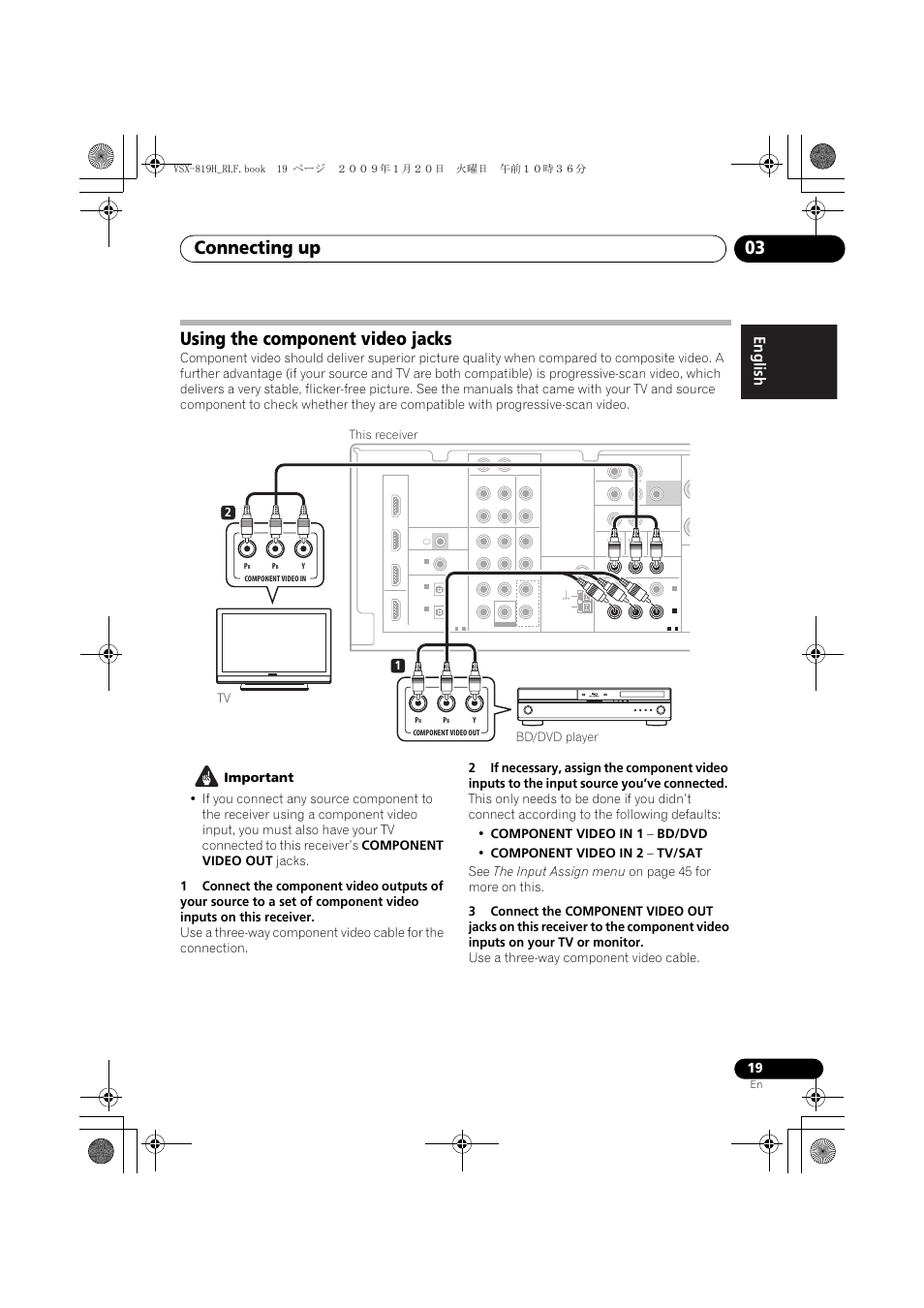 Using the component video jacks, Connecting up 03, 12 this receiver bd/dvd player tv | Pioneer VSX-819H-S User Manual | Page 19 / 211