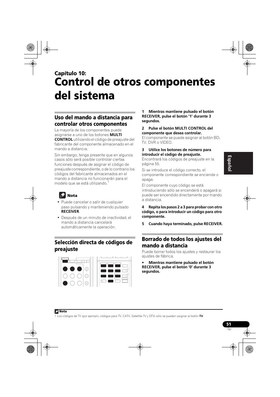 Control de otros componentes del sistema, Capítulo 10, Selección directa de códigos de preajuste | Borrado de todos los ajustes del mando a distancia, English español | Pioneer VSX-819H-S User Manual | Page 191 / 211