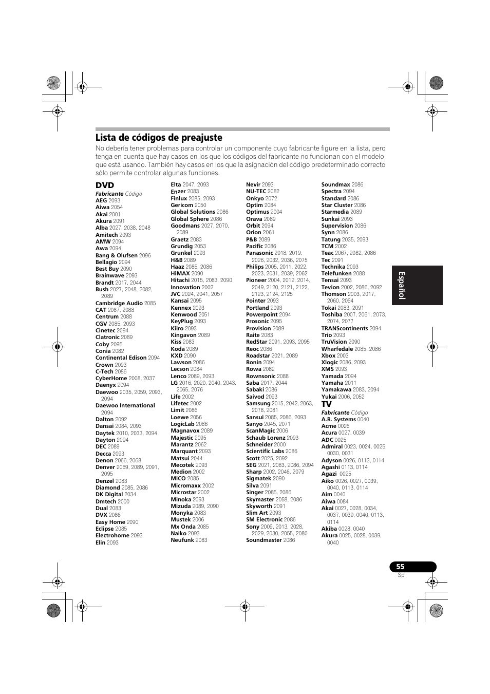 Lista de códigos de preajuste, English español | Pioneer VSX-819H-S User Manual | Page 195 / 211