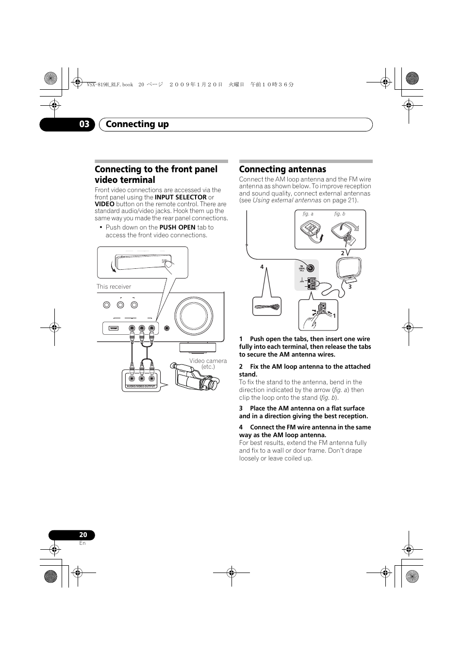 Connecting to the front panel video terminal, Connecting antennas, Connecting up 03 | This receiver, Video camera (etc.) | Pioneer VSX-819H-S User Manual | Page 20 / 211