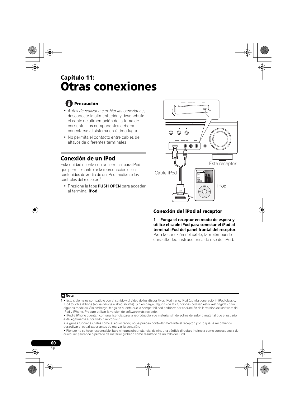 Conexión de un ipod, Conexión del ipod al receptor, Otras conexiones | Capítulo 11, Ipod, Ipod este receptor cable ipod, Nota | Pioneer VSX-819H-S User Manual | Page 200 / 211