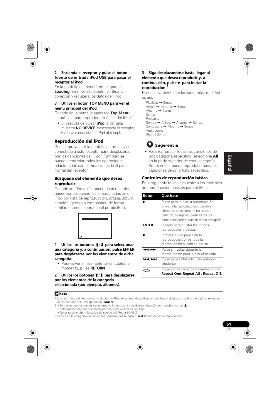 Reproducción del ipod, English español, Búsqueda del elemento que desea reproducir | Controles de reproducción básica | Pioneer VSX-819H-S User Manual | Page 201 / 211