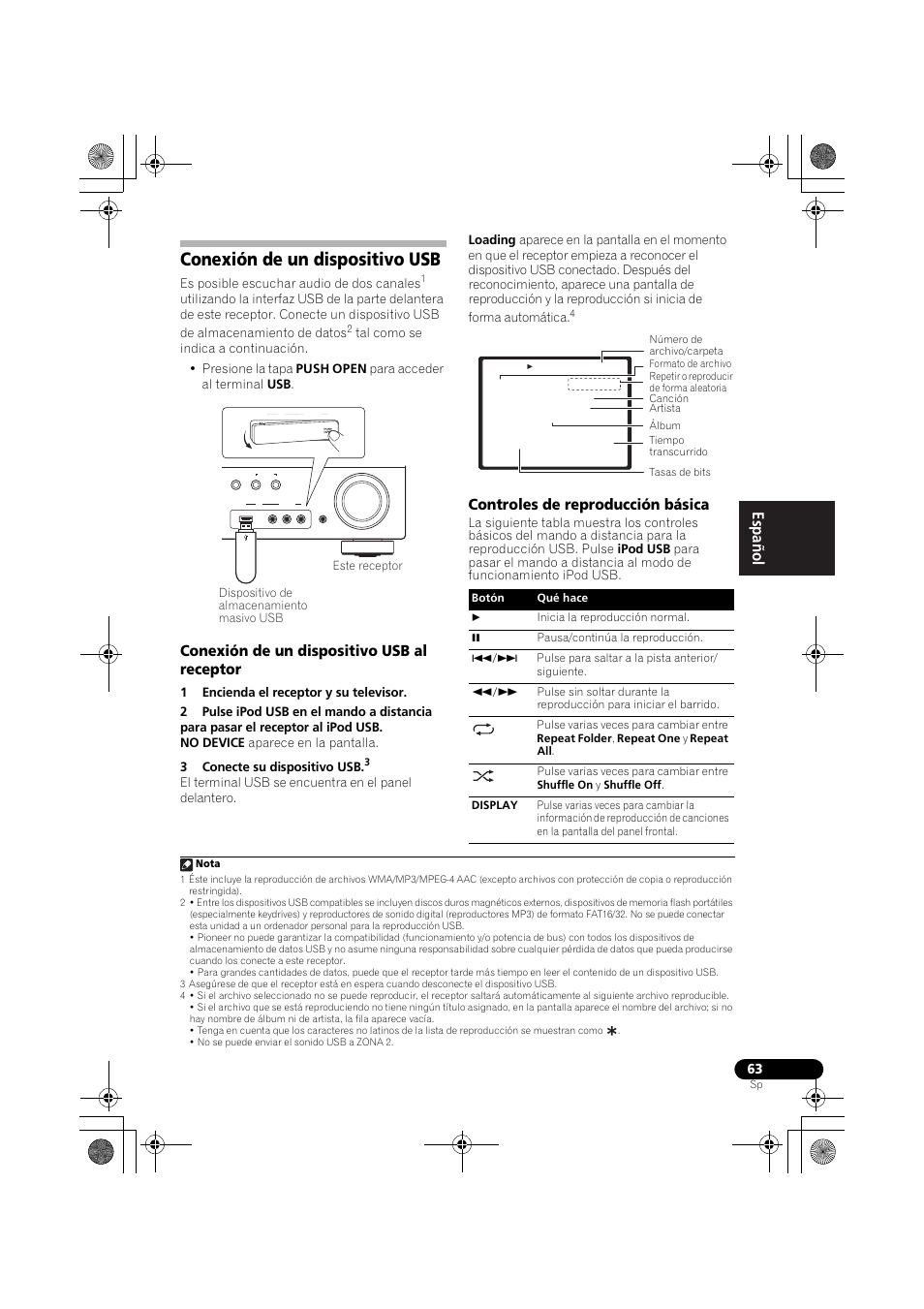 Conexión de un dispositivo usb, English español, Conexión de un dispositivo usb al receptor | Controles de reproducción básica, Es posible escuchar audio de dos canales | Pioneer VSX-819H-S User Manual | Page 203 / 211