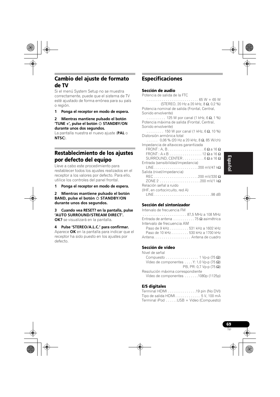 Cambio del ajuste de formato de tv, Especificaciones | Pioneer VSX-819H-S User Manual | Page 209 / 211