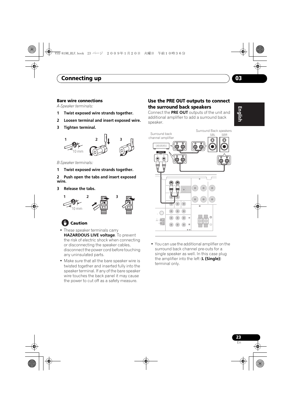 Connecting up 03, Bare wire connections | Pioneer VSX-819H-S User Manual | Page 23 / 211