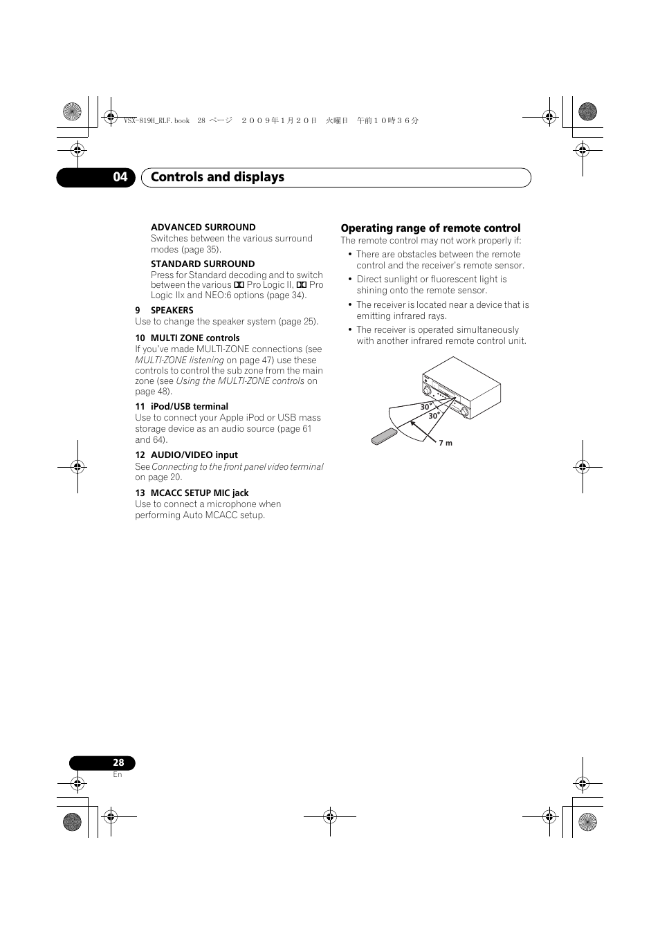 Operating range of remote control, Controls and displays 04 | Pioneer VSX-819H-S User Manual | Page 28 / 211