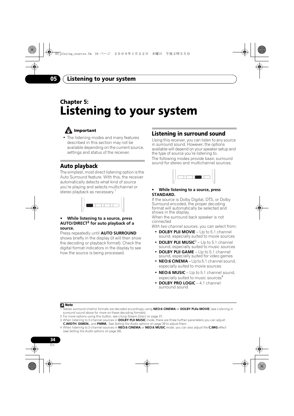 Listening to your system, Auto playback, Listening in surround sound | Listening to your system 05, Chapter 5 | Pioneer VSX-819H-S User Manual | Page 34 / 211