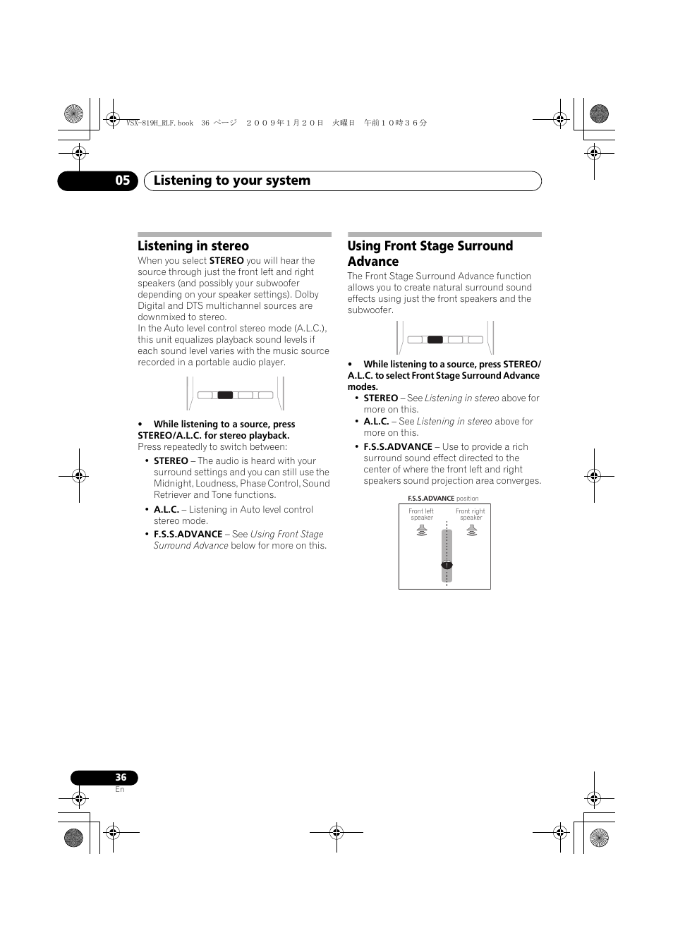 Listening in stereo, Using front stage surround advance, Listening to your system 05 | Pioneer VSX-819H-S User Manual | Page 36 / 211