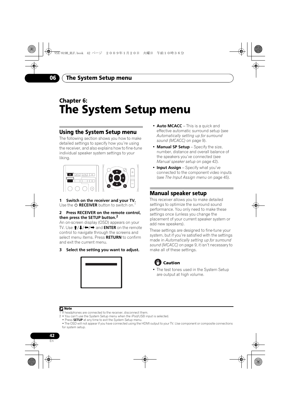 The system setup menu, Using the system setup menu, Manual speaker setup | The system setup menu 06, Chapter 6 | Pioneer VSX-819H-S User Manual | Page 42 / 211