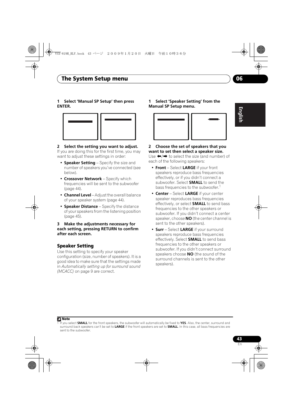 Speaker setting, The system setup menu 06 | Pioneer VSX-819H-S User Manual | Page 43 / 211