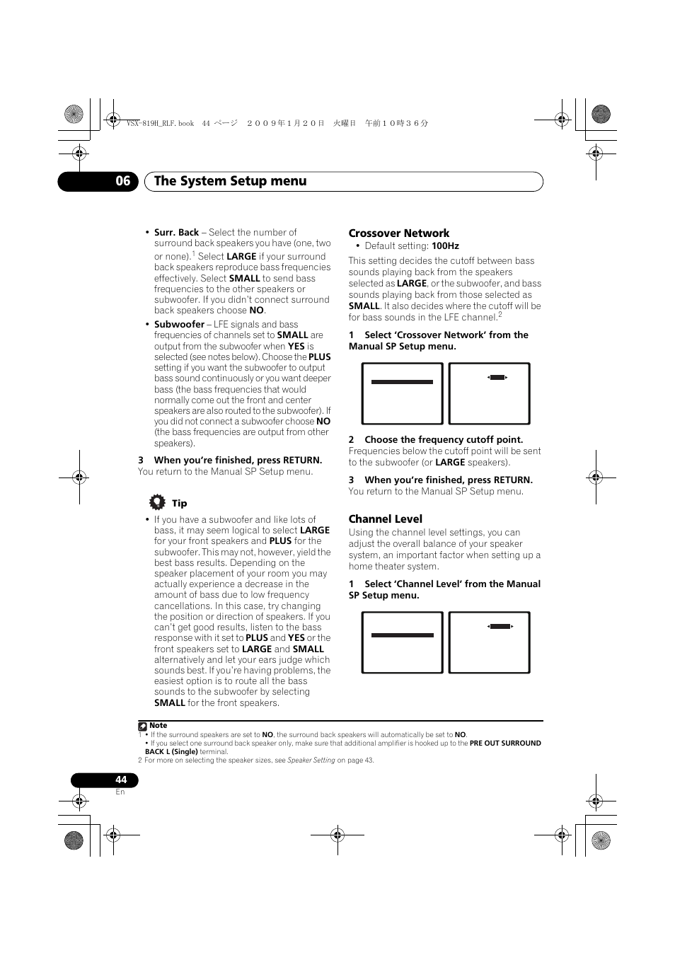 Crossover network, Channel level, The system setup menu 06 | Pioneer VSX-819H-S User Manual | Page 44 / 211