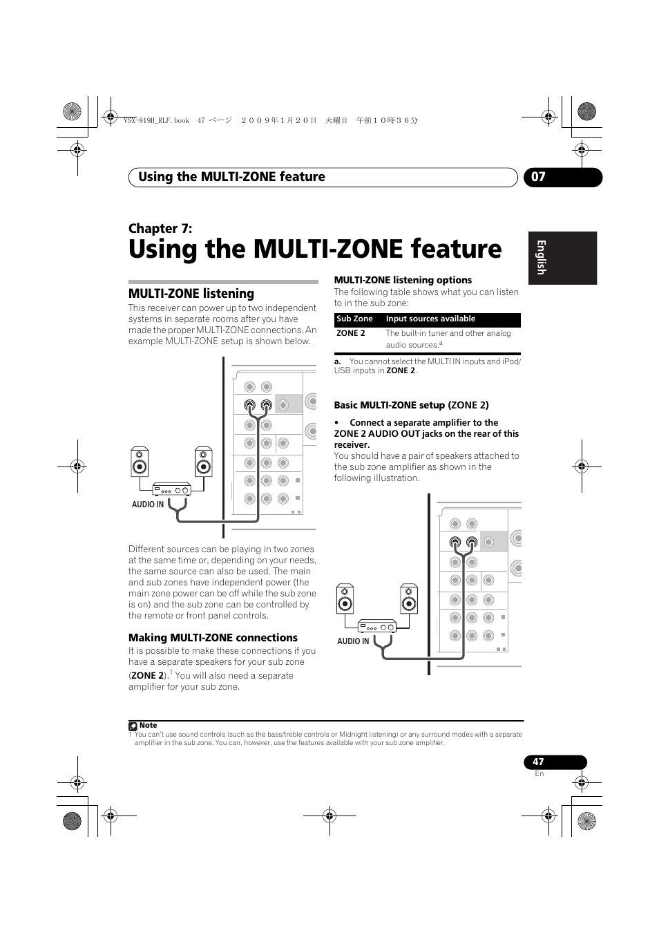 Using the multi-zone feature, Multi-zone listening, Making multi-zone connections | Using the multi-zone feature 07, Chapter 7, Multi-zone listening options, Basic multi-zone setup ( zone 2), Audio in | Pioneer VSX-819H-S User Manual | Page 47 / 211