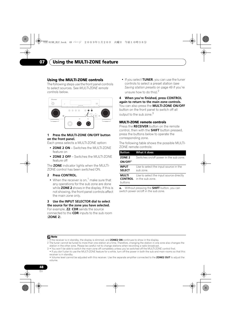 Using the multi-zone controls, Using the multi-zone feature 07 | Pioneer VSX-819H-S User Manual | Page 48 / 211