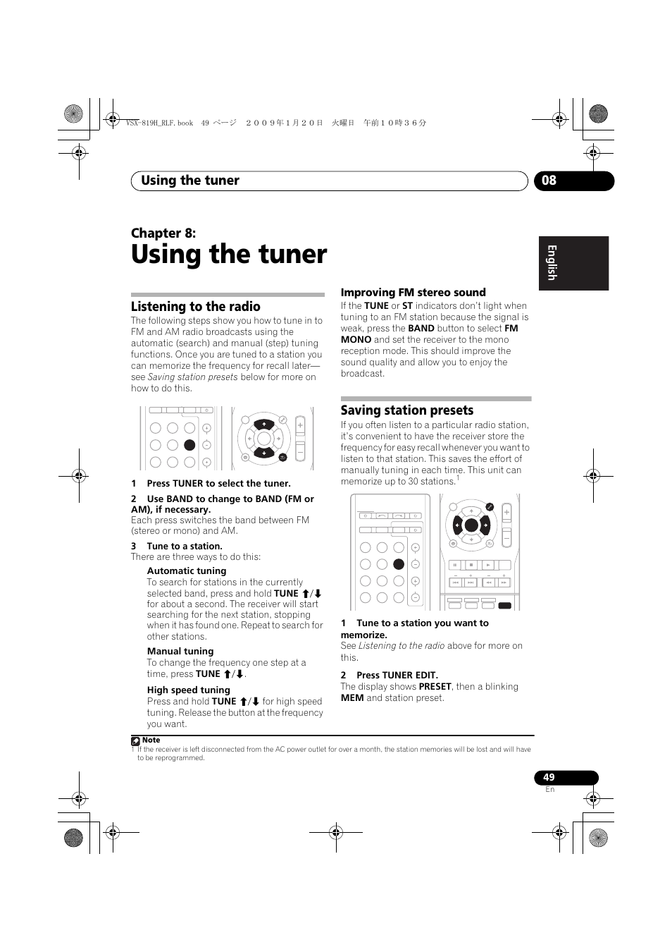 Using the tuner, Listening to the radio, Improving fm stereo sound | Saving station presets, Using the tuner 08, Chapter 8 | Pioneer VSX-819H-S User Manual | Page 49 / 211