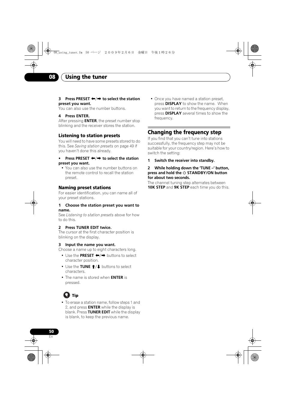 Listening to station presets, Naming preset stations, Changing the frequency step | Using the tuner 08 | Pioneer VSX-819H-S User Manual | Page 50 / 211