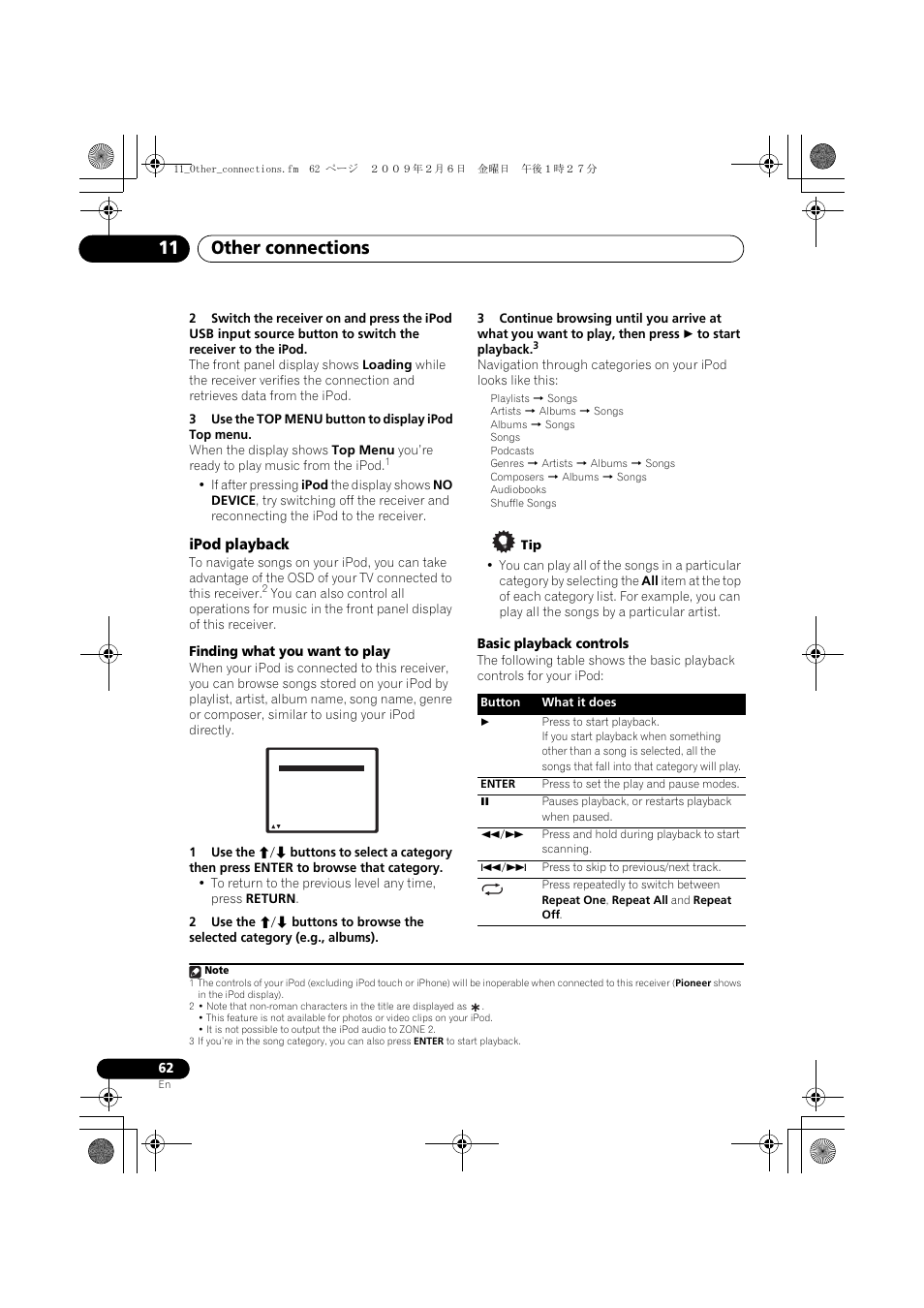 Ipod playback, Other connections 11 | Pioneer VSX-819H-S User Manual | Page 62 / 211