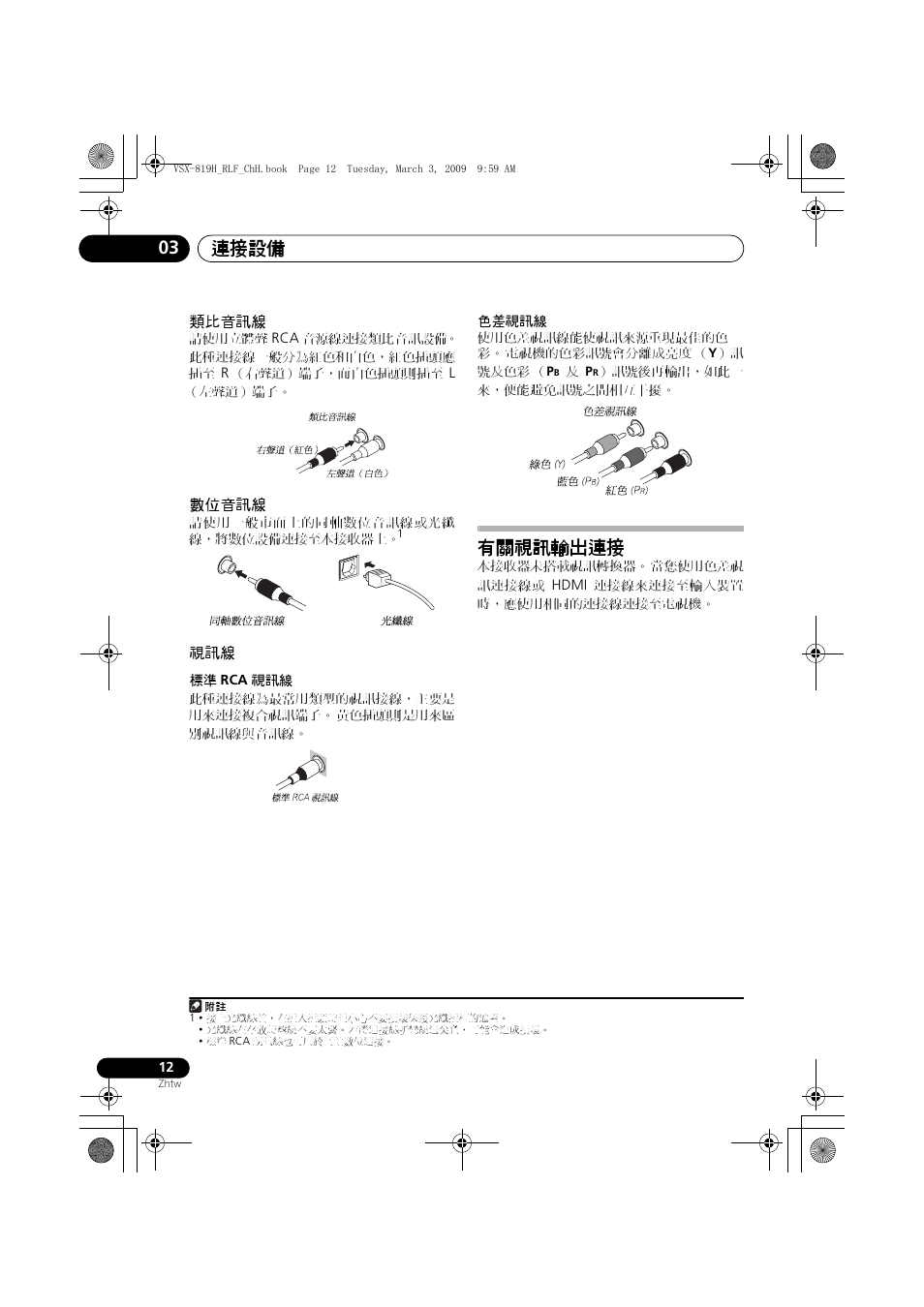 類比音訊線 數位音訊線 視訊線, 有關視訊輸出連接, 連接設備 03 | Pioneer VSX-819H-S User Manual | Page 82 / 211