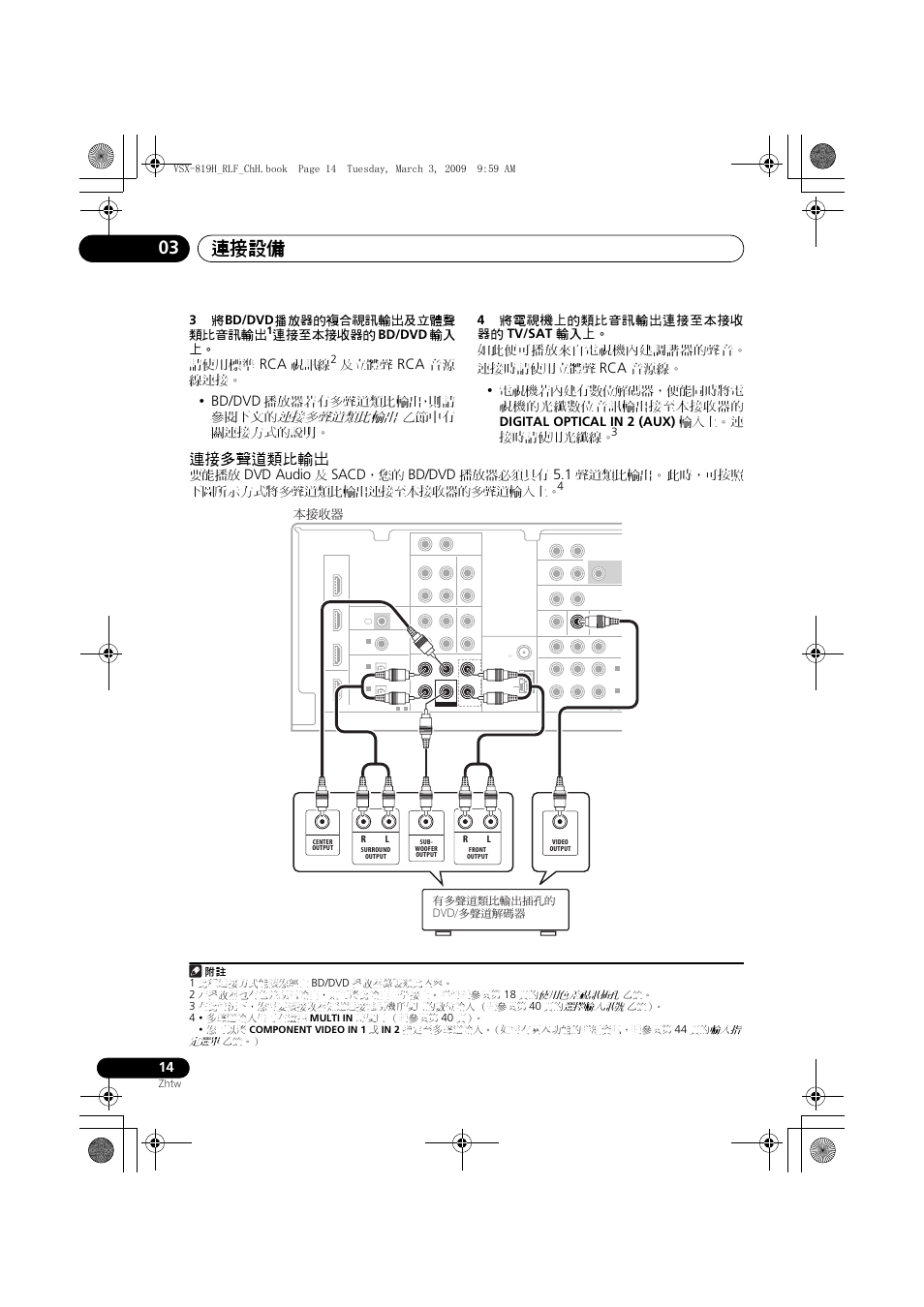 連接多聲道類比輸出, 連接設備 03, Bd/dvd | Dvd audio, Sacd, 3將 bd/dvd 播放器的複合視訊輸出及立體聲 類比音訊輸出, 連接至本接收器的 bd/dvd 輸入 上。 請使用標準, 及立體聲, 音源 線連接, 播放器若有多聲道類比輸出，則請 參閱下文的 | Pioneer VSX-819H-S User Manual | Page 84 / 211